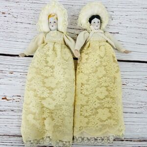 Vintage Silvestri Porcelain Doll Lace Dress Ornaments Blonde Brown Hair